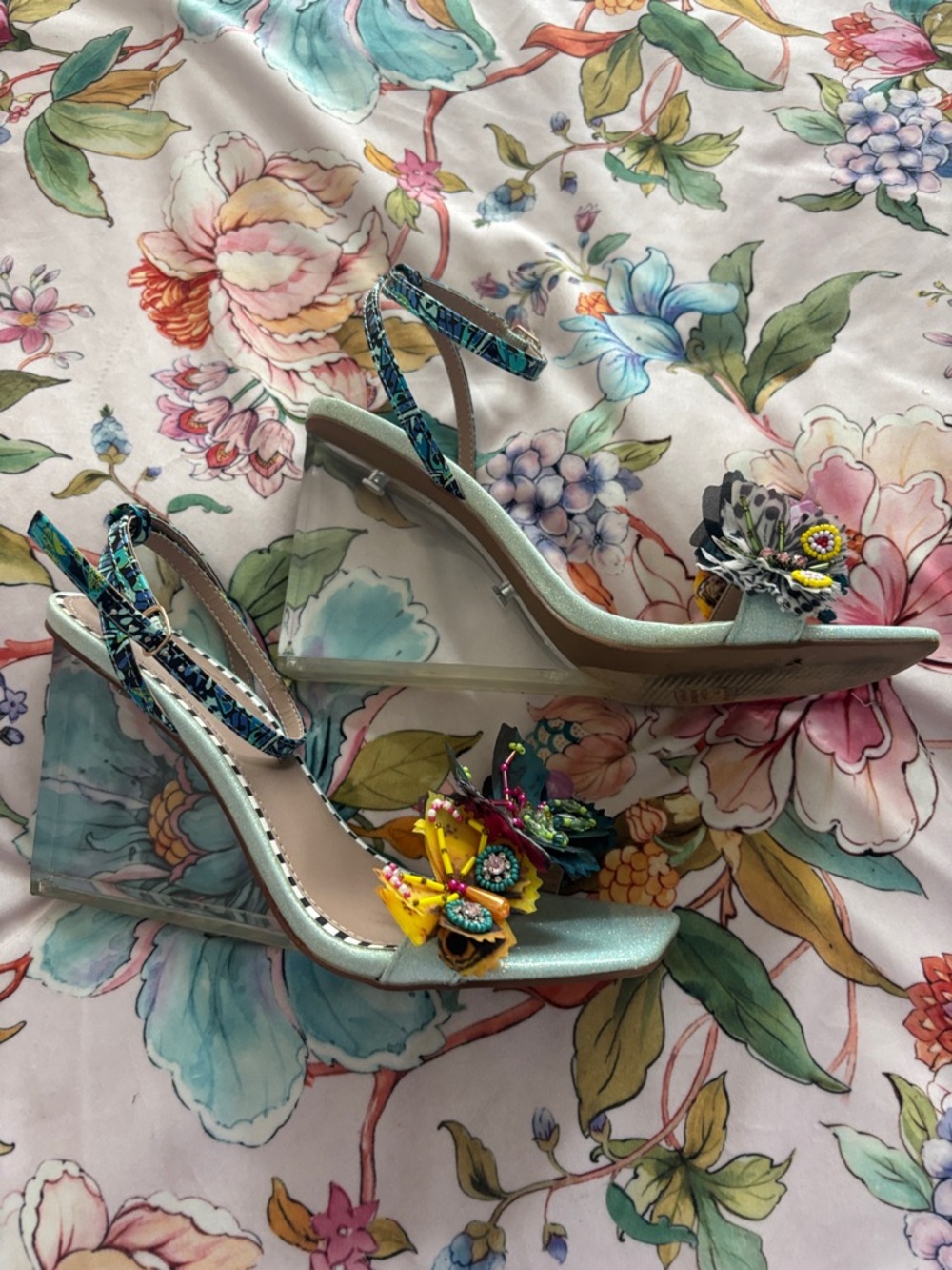Betsey Johnson Light Blue Floral Butterfly Embellished Ankle-Strap Heels - Picture 2 of 2